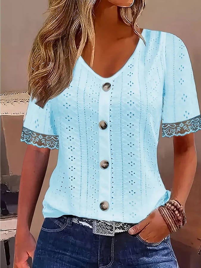 Women'S V-Neck Jacquard Hollow Button Lace Patchwork T-Shirt