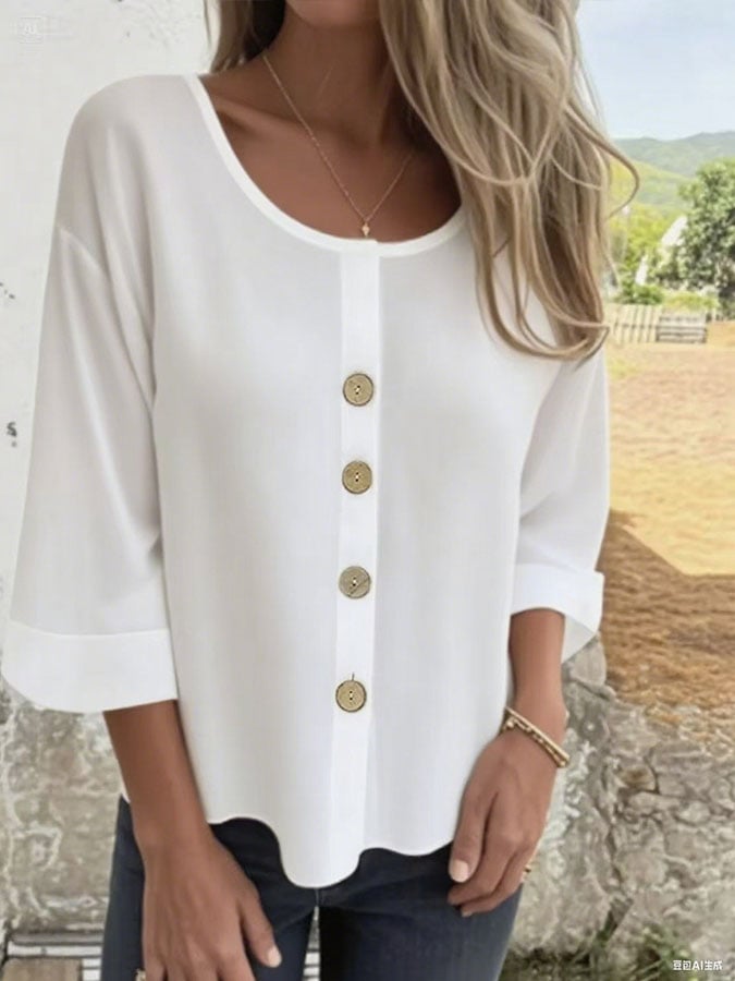 Women's Casual Solid Color V-Neck Mid-Sleeve Cotton and Linen Top
