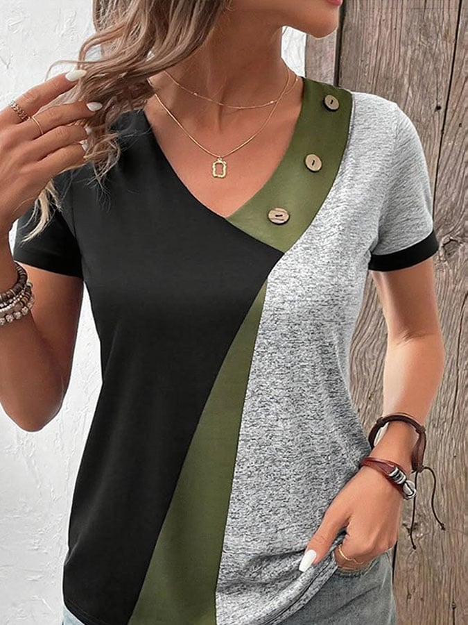 Women's Casual Contrast Color V-Neck Short Sleeve Button Top