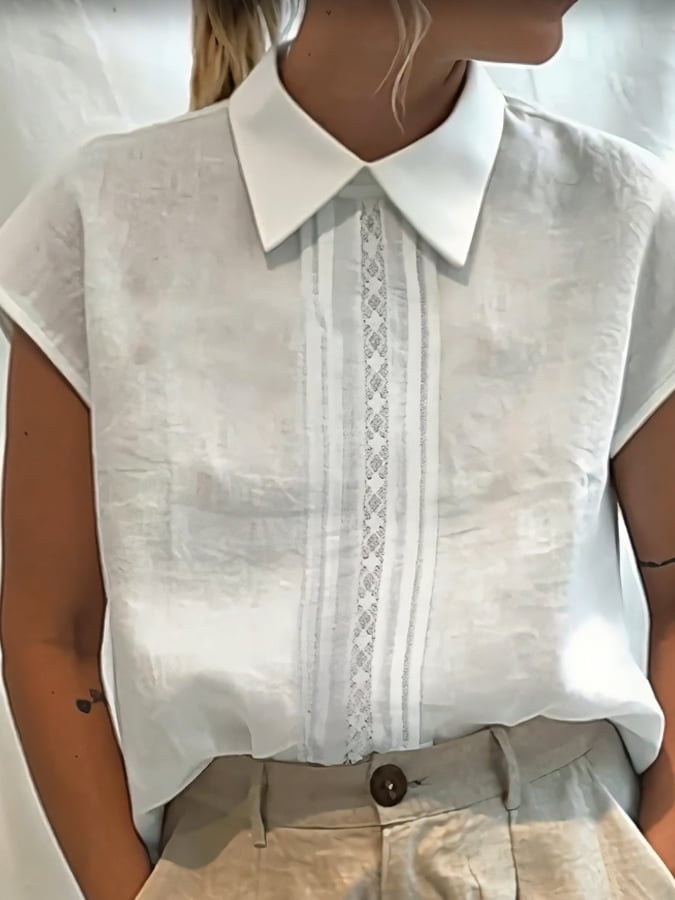 Women's Casual Solid Color Lace Stitching Lapel Shirt