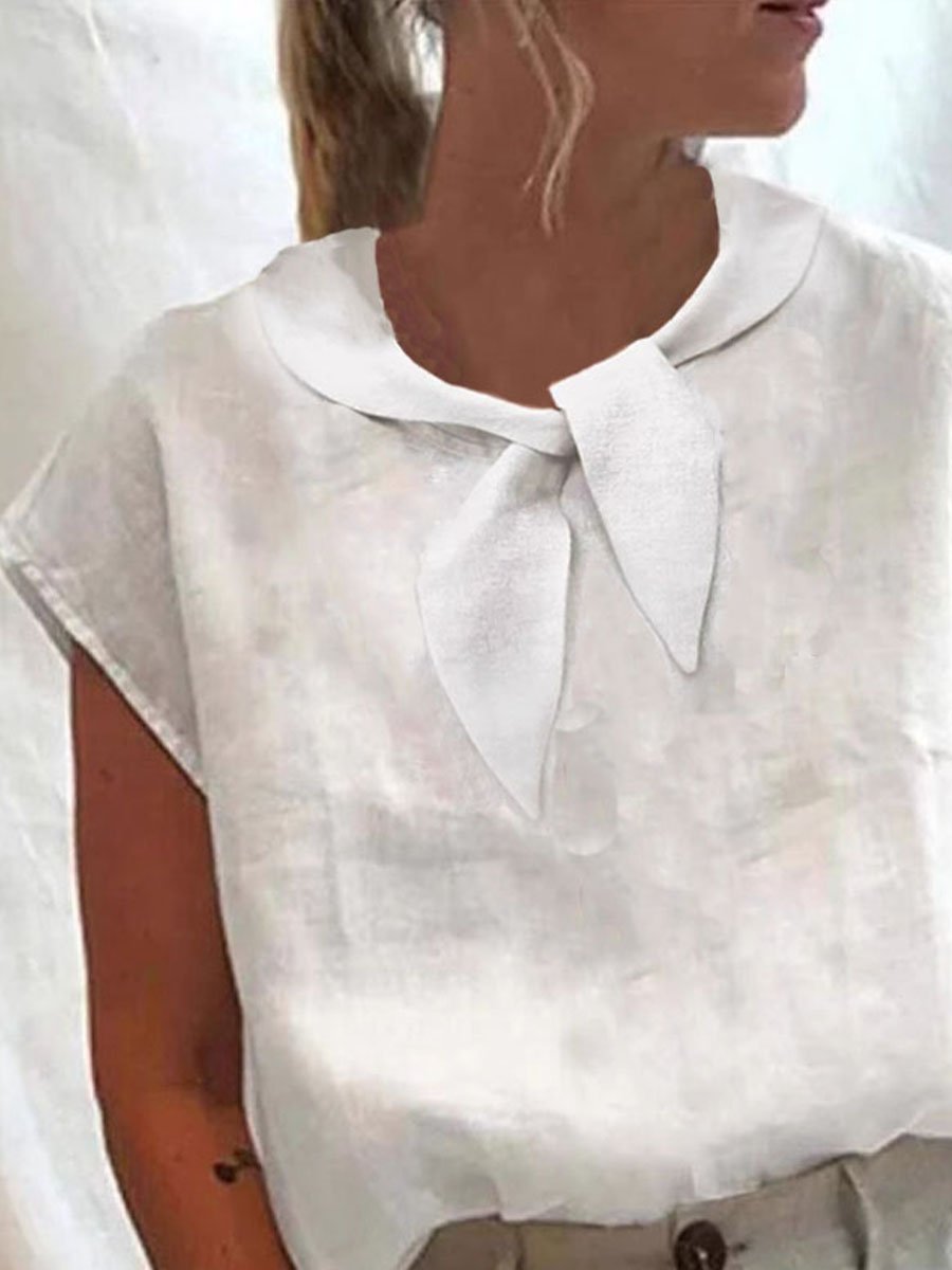 Women'S Casual Solid Color Short-Sleeved Cotton And Linen Top