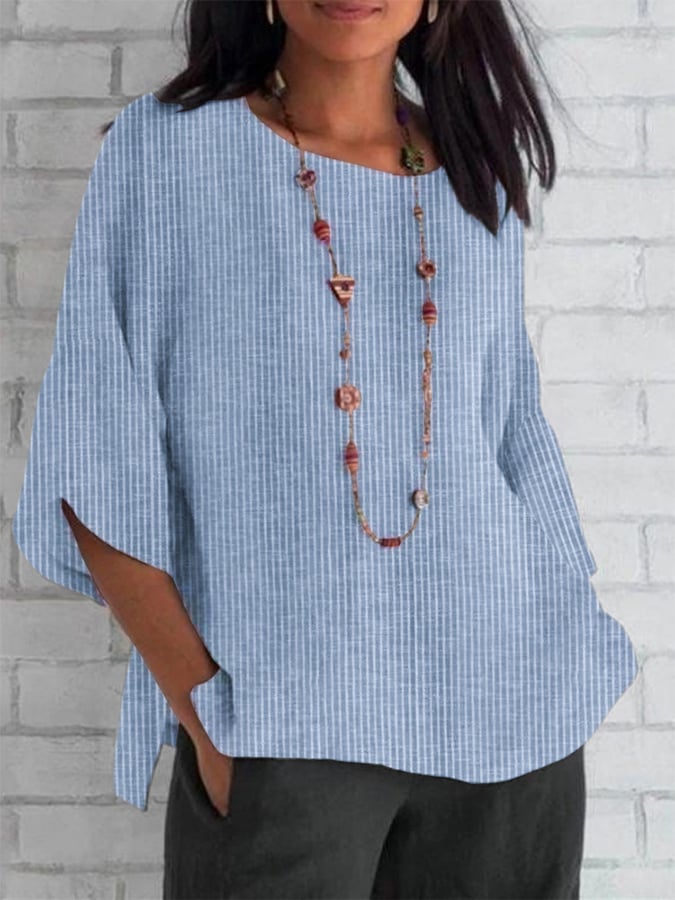 Women's Spring and Summer Round Neck Cotton and Linen Striped Loose Top