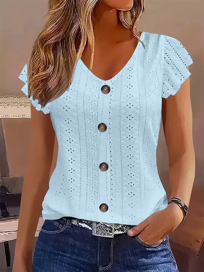 Women's Casual Solid Color Lotus Sleeve V-Neck T-Shirt