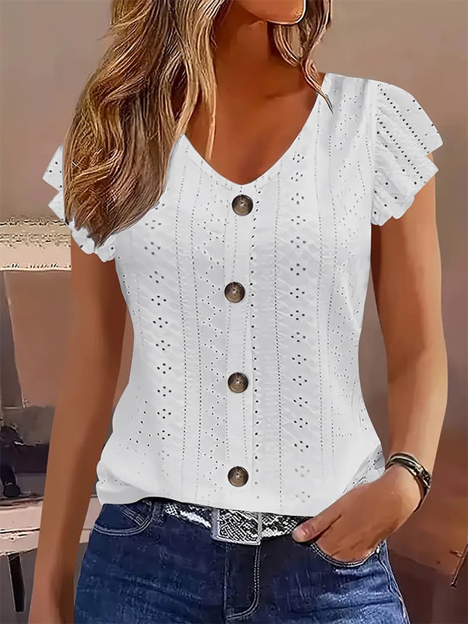 Women's Casual Solid Color Lotus Sleeve V-Neck T-Shirt