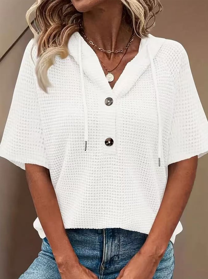 Women's Casual Solid Color Hooded Half-Button Waffle Top