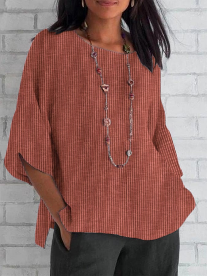 Women's Spring and Summer Round Neck Cotton and Linen Striped Loose Top