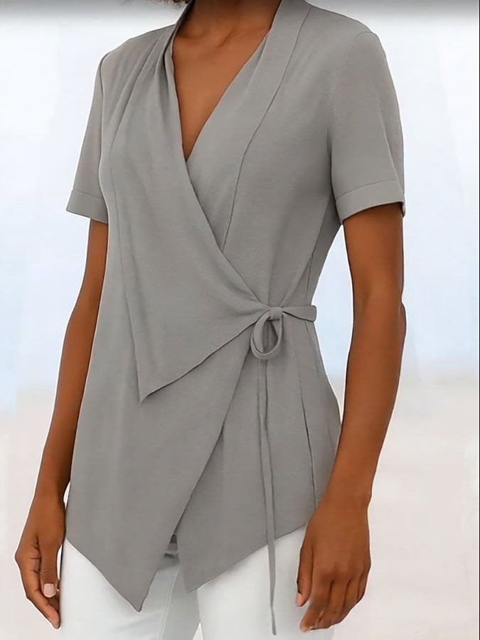 Women's Casual Solid Color Lapel Short Sleeve Lace-up Cotton and Linen Top
