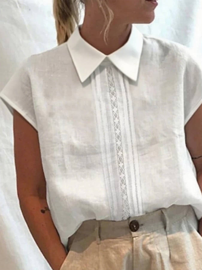 Women's Casual Solid Color Lace Stitching Lapel Shirt