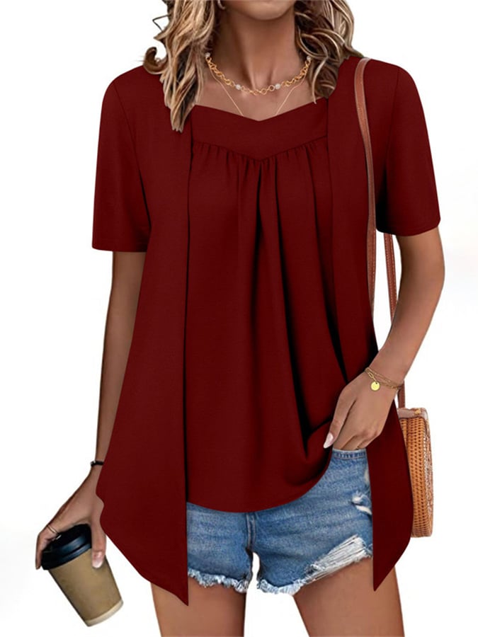 Women'S Casual Fashion Loose Fake Two-Piece Short-Sleeved Top
