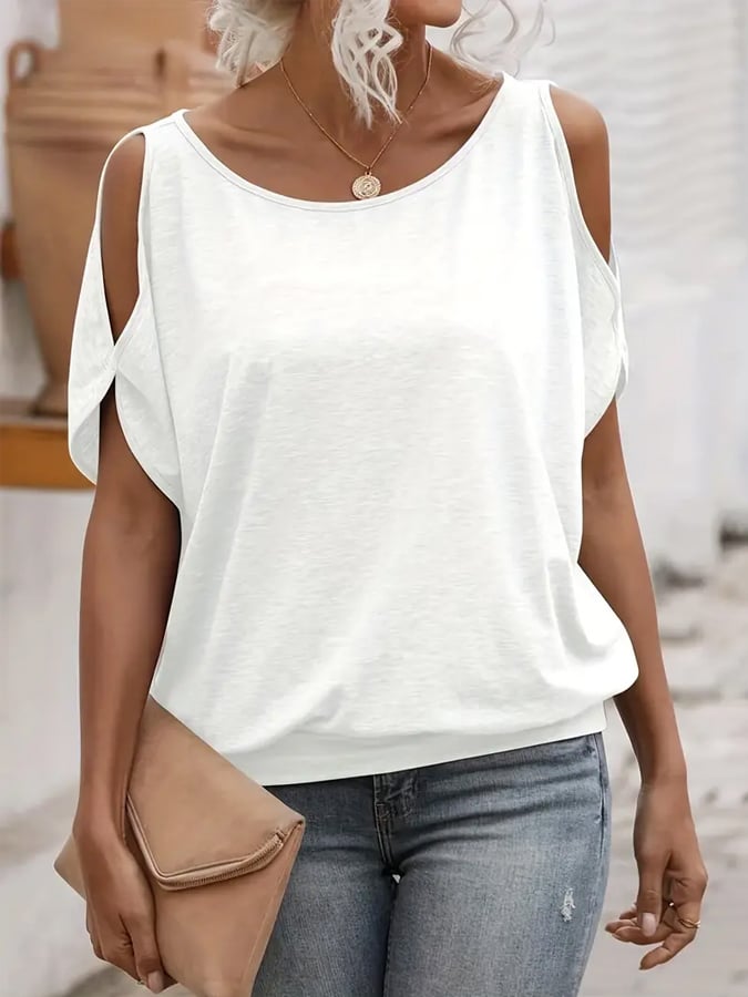 Women's Casual Solid Color Off Shoulder Round Neck T-Shirt