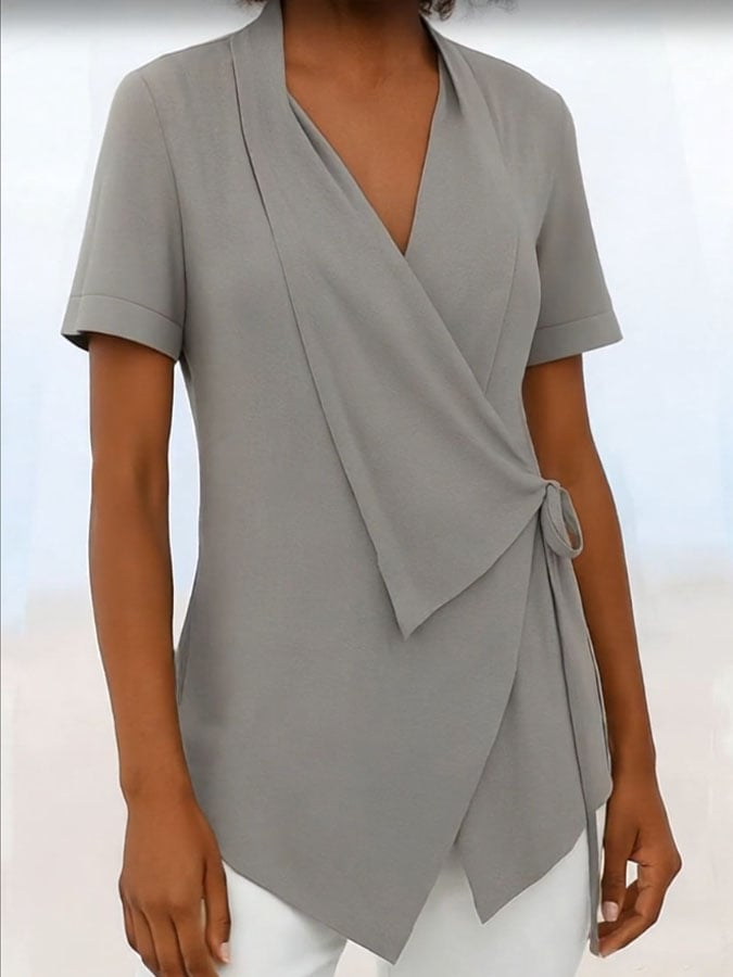 Women's Casual Solid Color Lapel Short Sleeve Lace-up Cotton and Linen Top