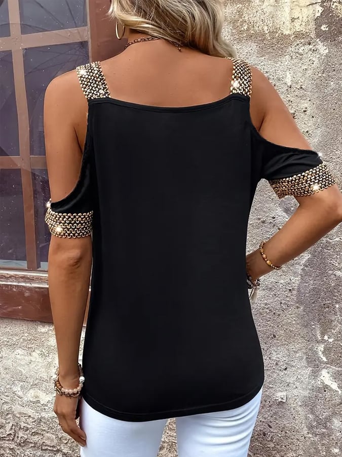 Women'S Solid Color Off-Shoulder Metal Stitching Short-Sleeved Top