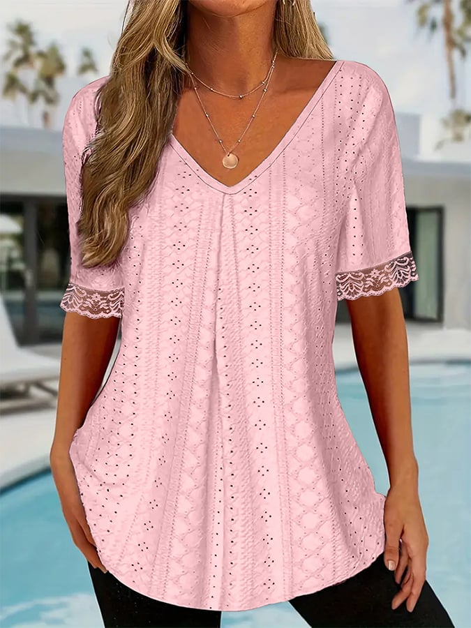 Women's solid color V-neck loose short-sleeved pleated T-shirt