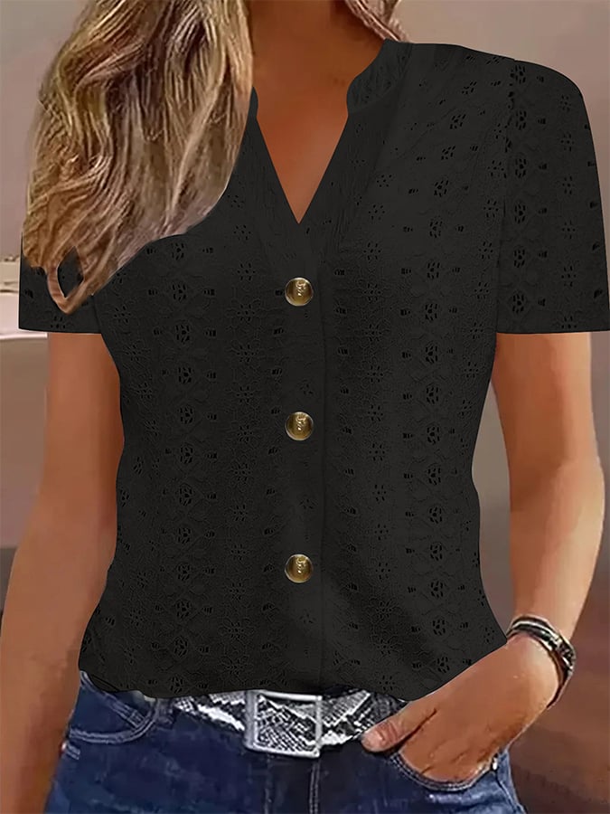 Women's Casual Solid Color Button V-Neck Short Sleeve T-Shirt