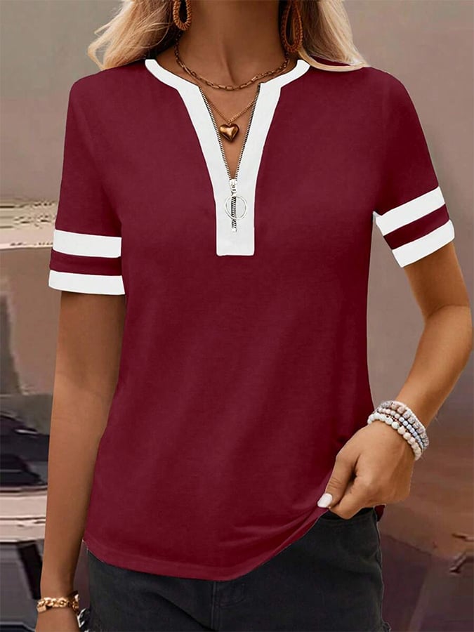 Women's Spring and Summer Solid Color Casual Splicing Zipper Top