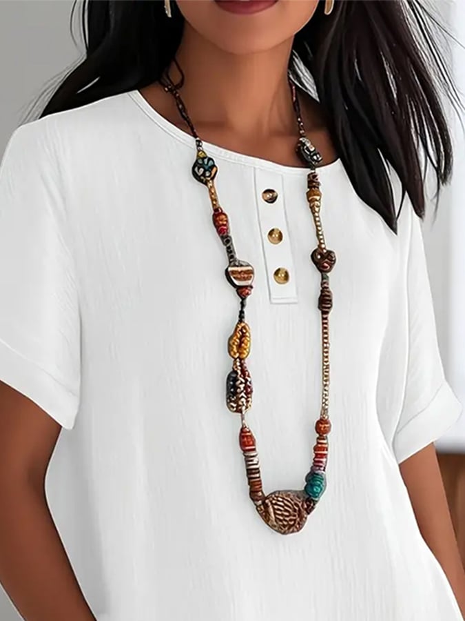 Women'S Solid Color Round Neck Button Short Sleeve Cotton And Linen Top