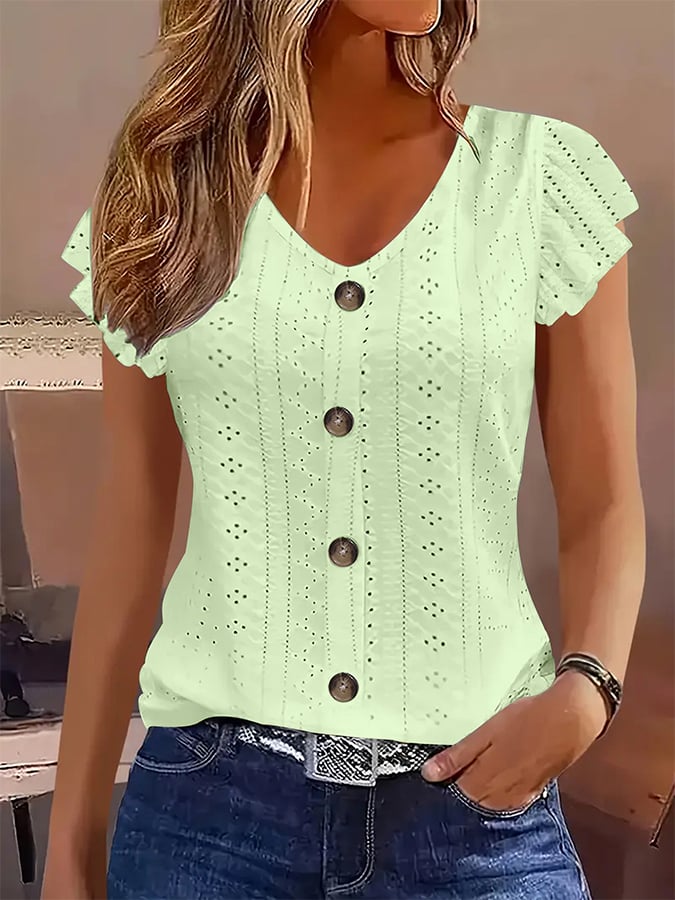 Women's Casual Solid Color Lotus Sleeve V-Neck T-Shirt