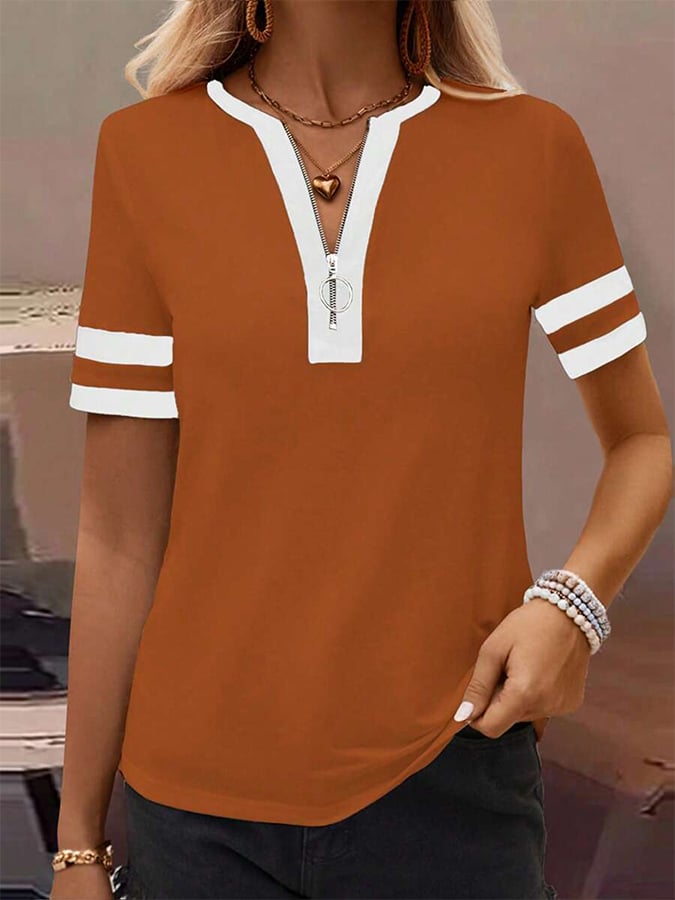 Women's Spring and Summer Solid Color Casual Splicing Zipper Top