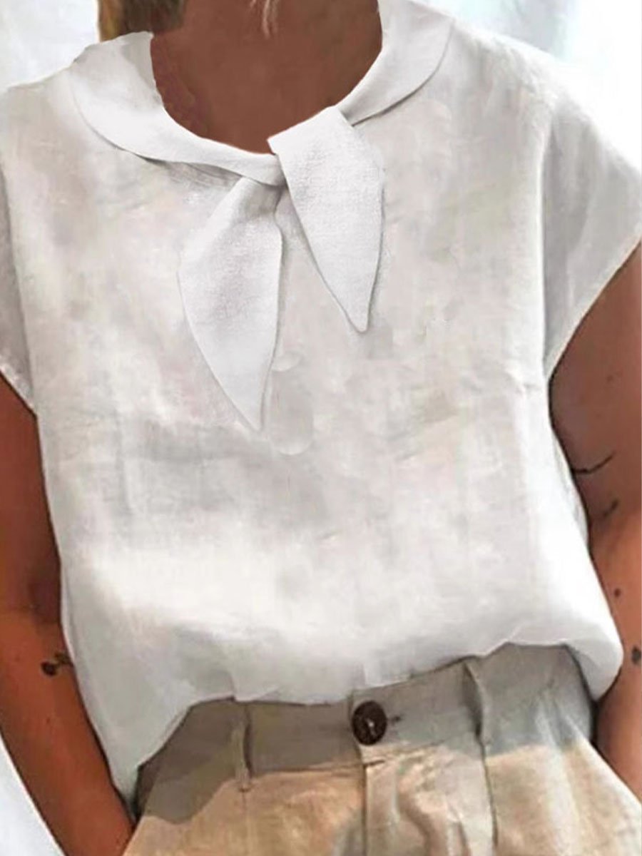 Women'S Casual Solid Color Short-Sleeved Cotton And Linen Top
