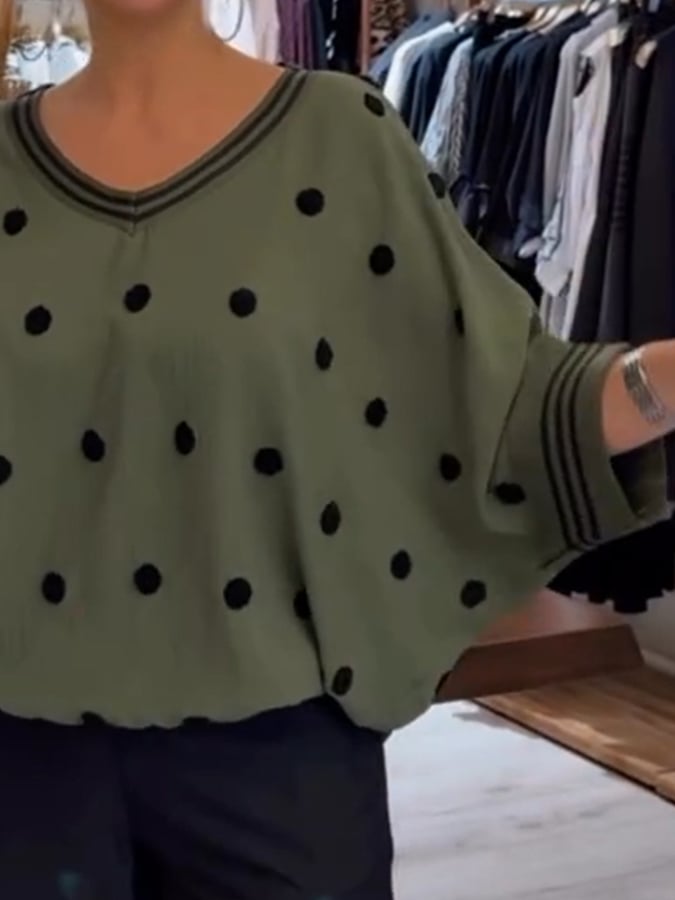 Women's Casual V-Neck Bat Sleeve Polka Dot Loose Top