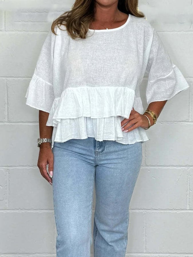 Women'S Solid Color Round Neck Ruffled Cotton And Linen Top