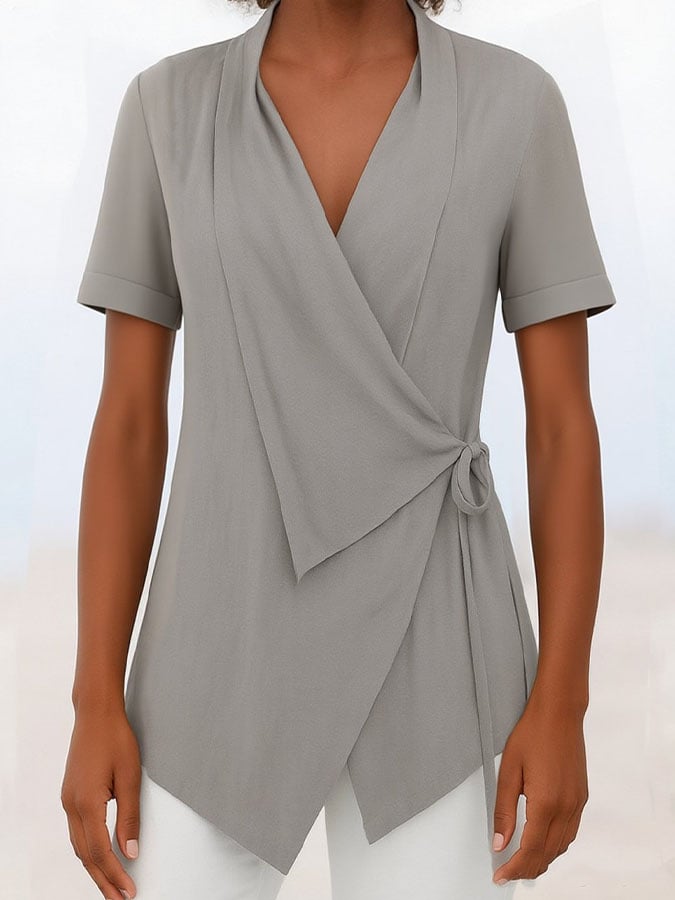 Women's Casual Solid Color Lapel Short Sleeve Lace-up Cotton and Linen Top