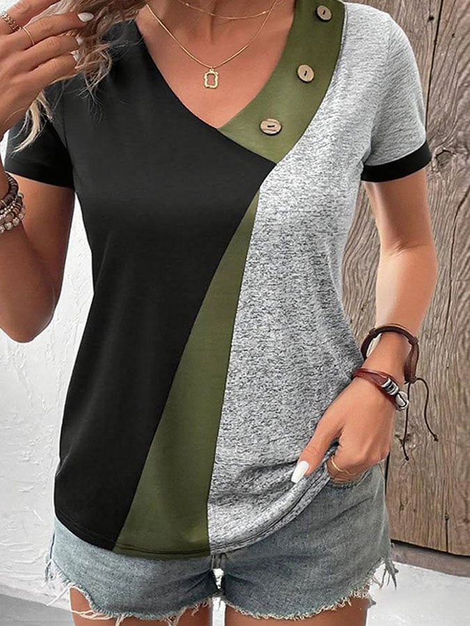 Women's Casual Contrast Color V-Neck Short Sleeve Button Top