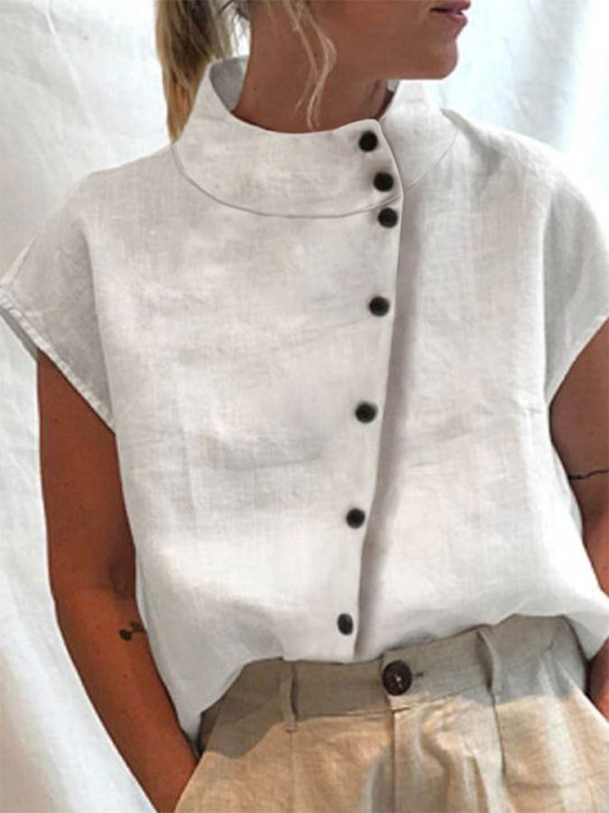 Summer Women's Cotton&Linen High Collar Button Short Sleeve Shirt