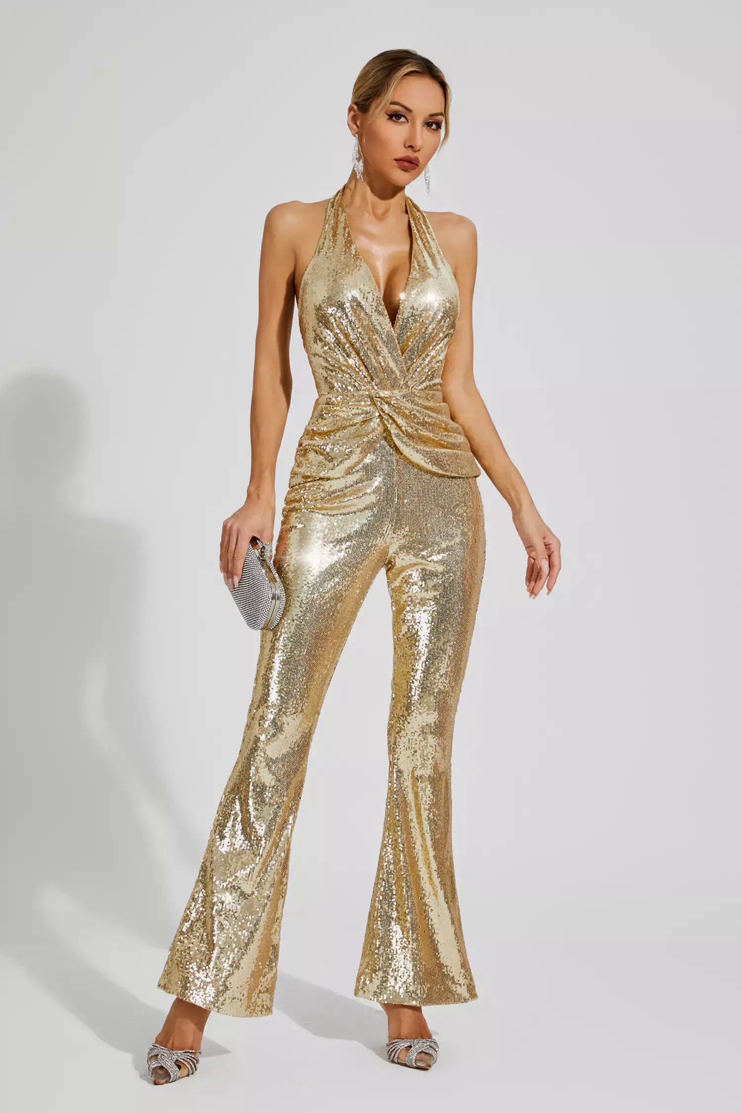 Kelly Gold Sequins Halter Jumpsuit