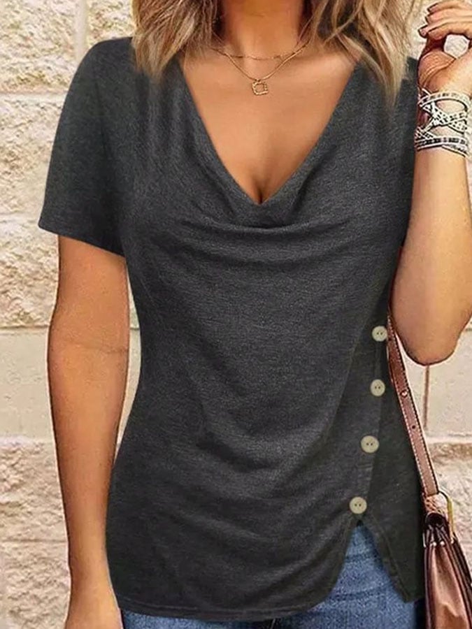 Women's Casual Solid Color Shirred Button Top