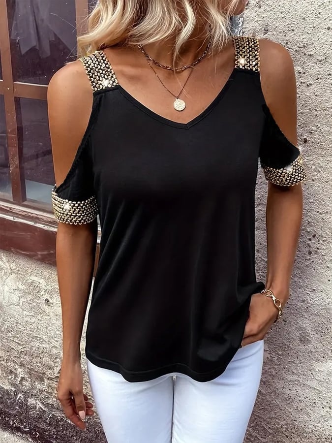 Women'S Solid Color Off-Shoulder Metal Stitching Short-Sleeved Top