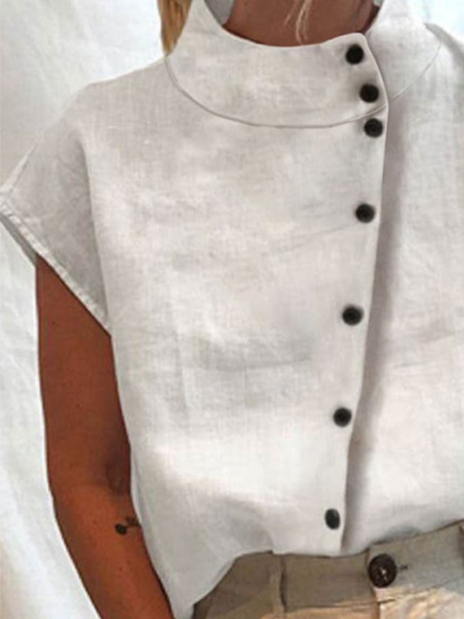 Summer Women's Cotton&Linen High Collar Button Short Sleeve Shirt