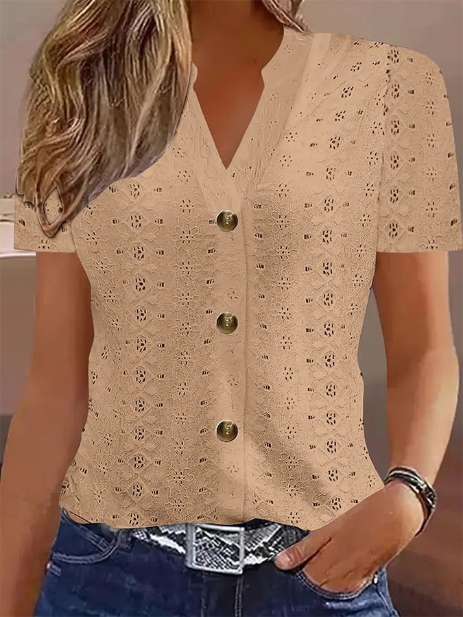 Women's Casual Solid Color Button V-Neck Short Sleeve T-Shirt