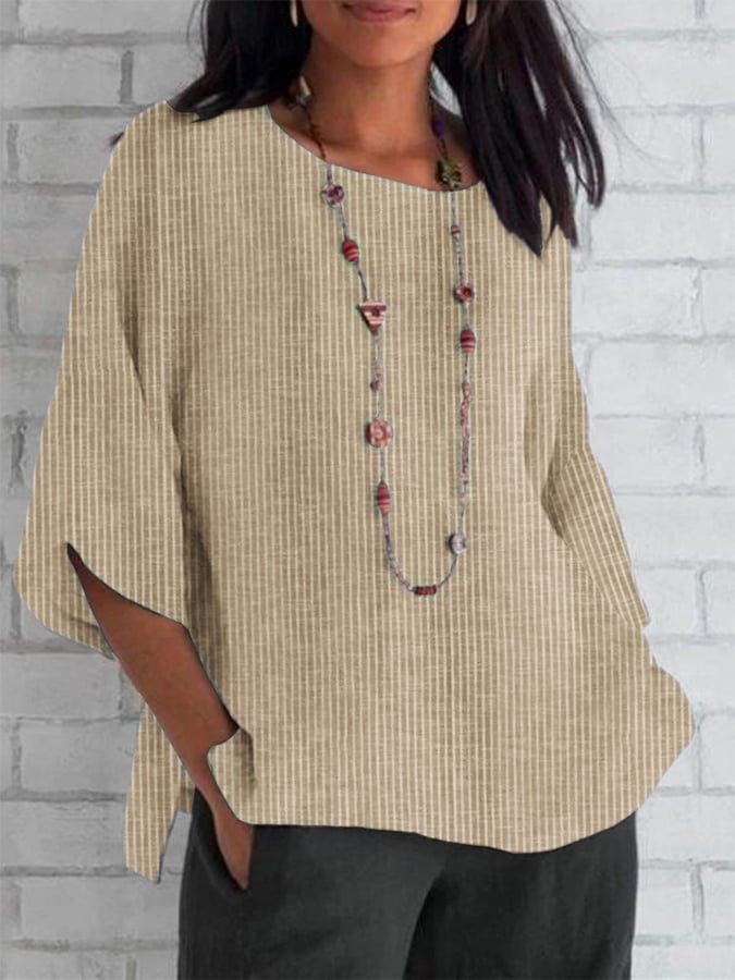 Women's Spring and Summer Round Neck Cotton and Linen Striped Loose Top