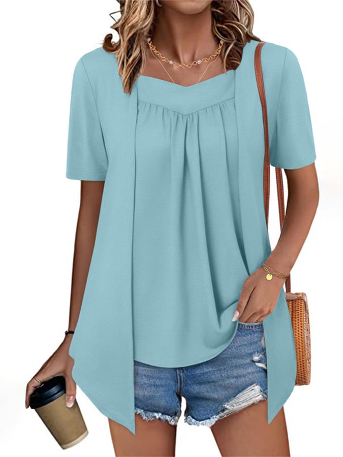 Women'S Casual Fashion Loose Fake Two-Piece Short-Sleeved Top