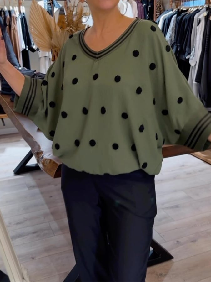 Women's Casual V-Neck Bat Sleeve Polka Dot Loose Top