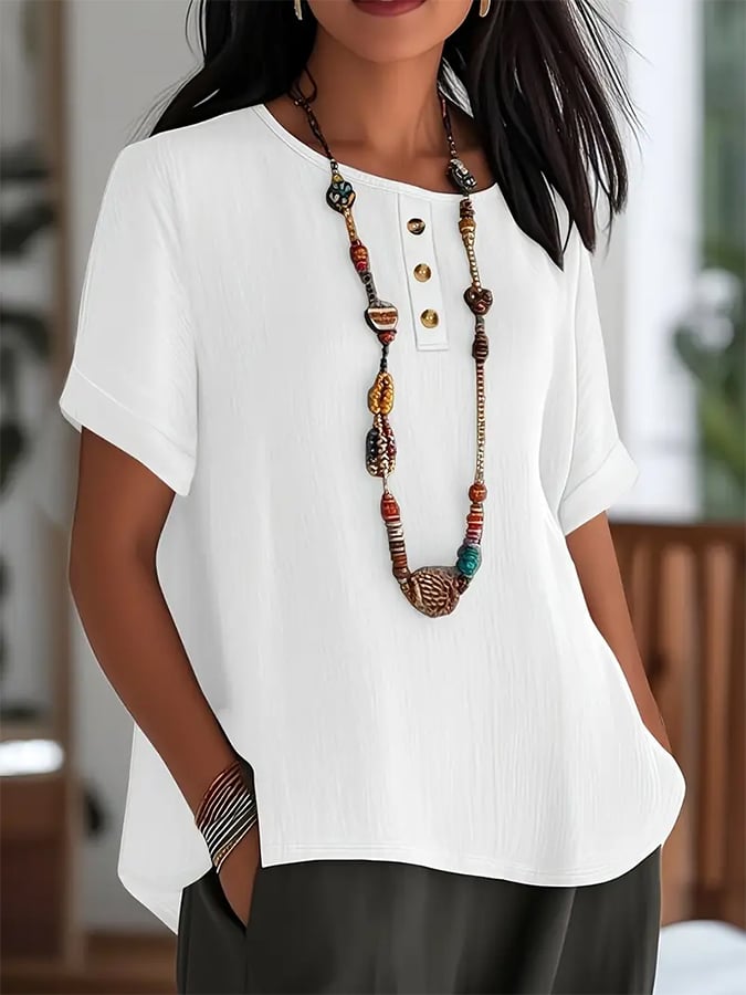 Women'S Solid Color Round Neck Button Short Sleeve Cotton And Linen Top