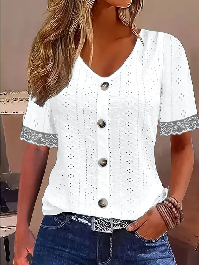 Women'S V-Neck Jacquard Hollow Button Lace Patchwork T-Shirt