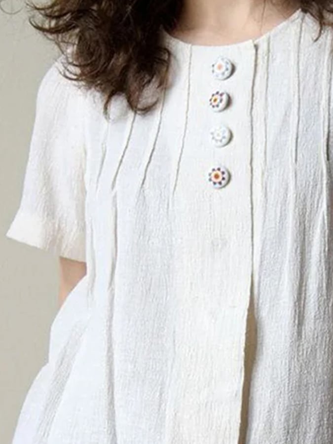 Women's Cotton&Linen Round Neck Pleated T-Shirt