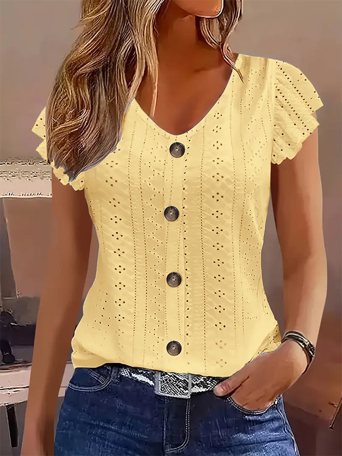 Women's Casual Solid Color Lotus Sleeve V-Neck T-Shirt