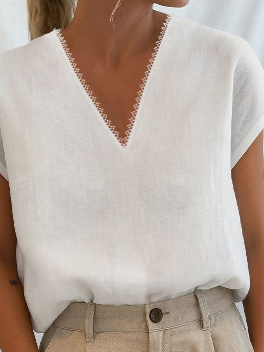 Women's Casual Solid Color V-Neck Short Sleeve Lace Cotton and Linen Top