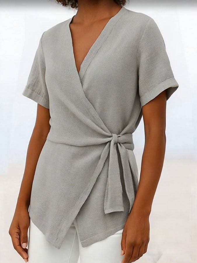 Women's Casual Solid Color V Neck Short Sleeve Lace-up Cotton and Linen Top
