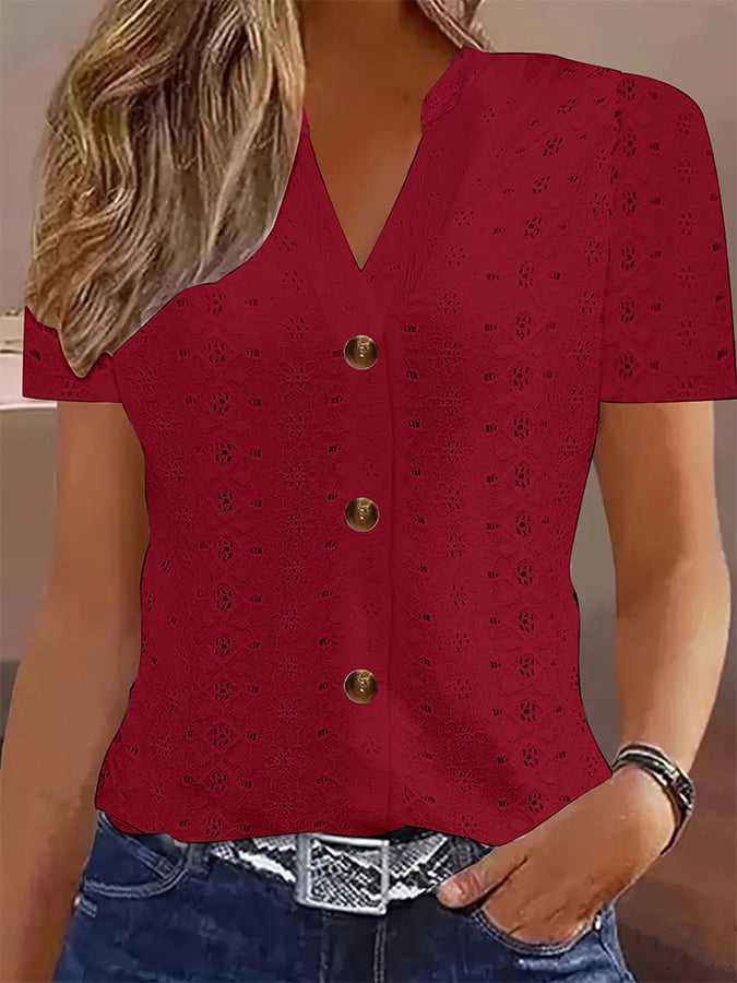 Women's Casual Solid Color Button V-Neck Short Sleeve T-Shirt