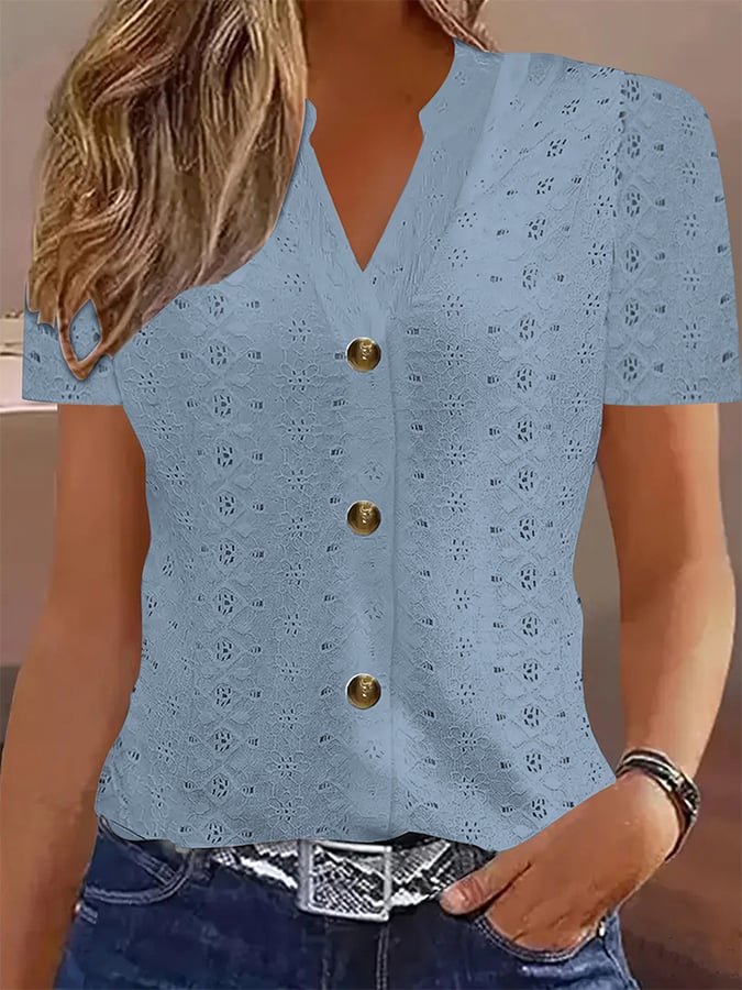 Women's Casual Solid Color Button V-Neck Short Sleeve T-Shirt